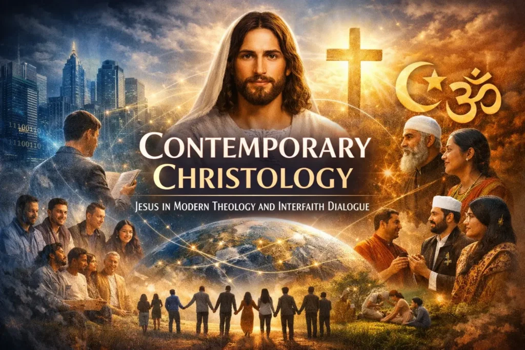 Feature image illustrating Contemporary Christology — Jesus Christ at the center symbolizing modern theology, cultural diversity, and interfaith dialogue with global and religious elements in the background.