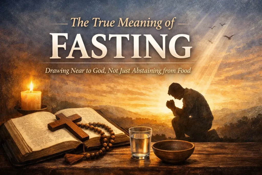 “उपवास (Fasting) का वास्तविक अर्थ दर्शाता हुआ प्रार्थना, बाइबल और आत्मिक समर्पण का क्रिश्चियन फीचर इमेज”