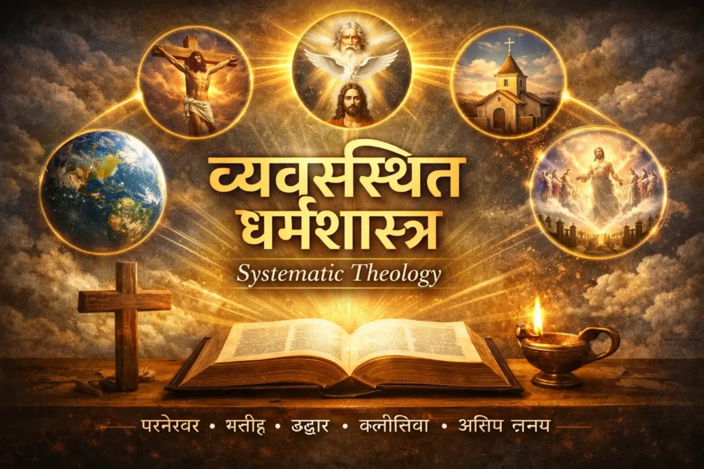 खुली बाइबिल, क्रूस, त्रिएक परमेश्वर, कलीसिया, पृथ्वी और मसीह के पुनः आगमन के प्रतीकों के साथ “व्यवस्थित धर्मशास्त्र – Systematic Theology” शीर्षक दर्शाती हुई फीचर इमेज।