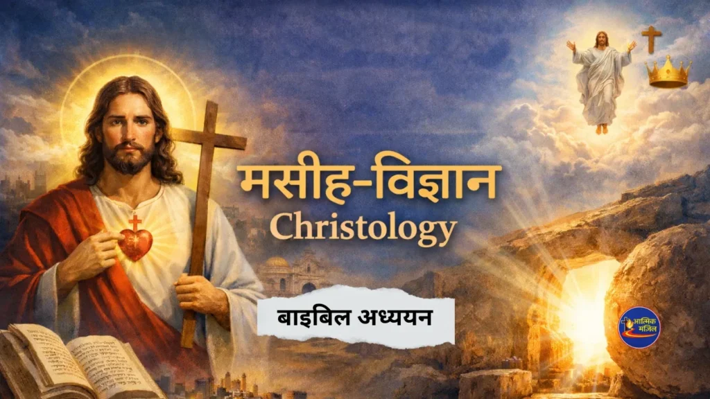 यीशु मसीह को क्रूस पकड़े हुए और प्रकाशित हृदय के साथ दर्शाया गया चित्र, सामने खुली बाइबल तथा पृष्ठभूमि में पुनरुत्थान की ज्योति से चमकती खाली कब्र, जिसके मध्य में “मसीह-विज्ञान (Christology)” शीर्षक प्रदर्शित है।