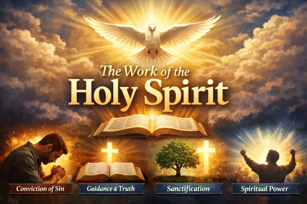 Illustration showing a dove above an open Bible representing the work of the Holy Spirit including conviction of sin, guidance in truth, sanctification, and spiritual power.